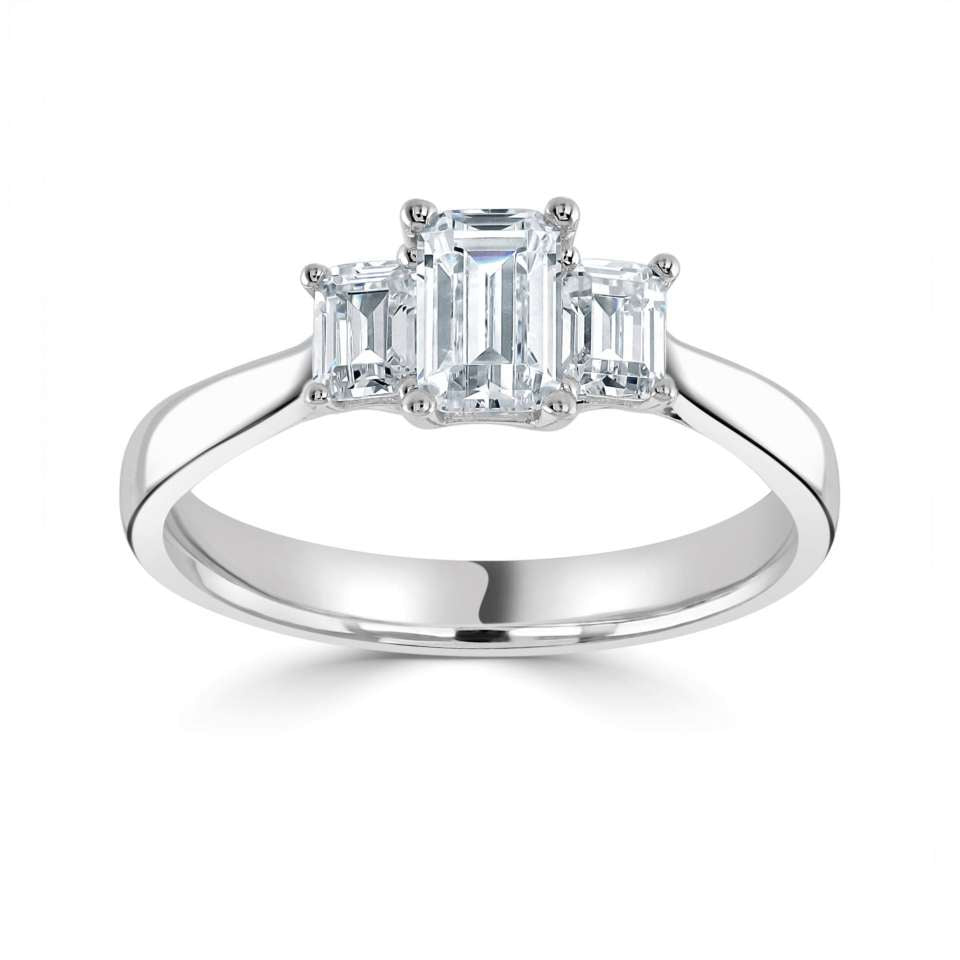 2.60ctw + Emerald Cut Lab Grown Diamond Three Stone Engagement Ring, at least F colour / VVS clarity