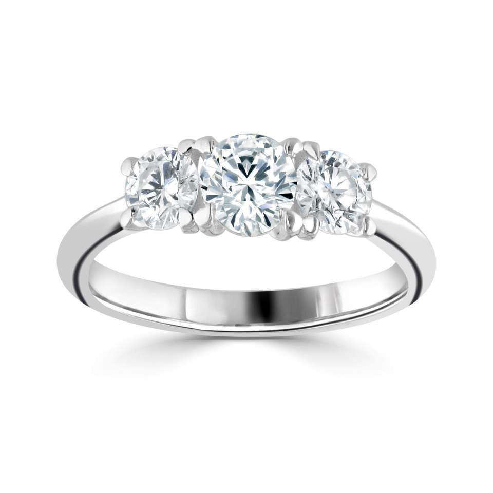 1.00ctw + Round Cut Lab Grown Diamond Three Stone Engagement Ring, at least F colour / VVS clarity